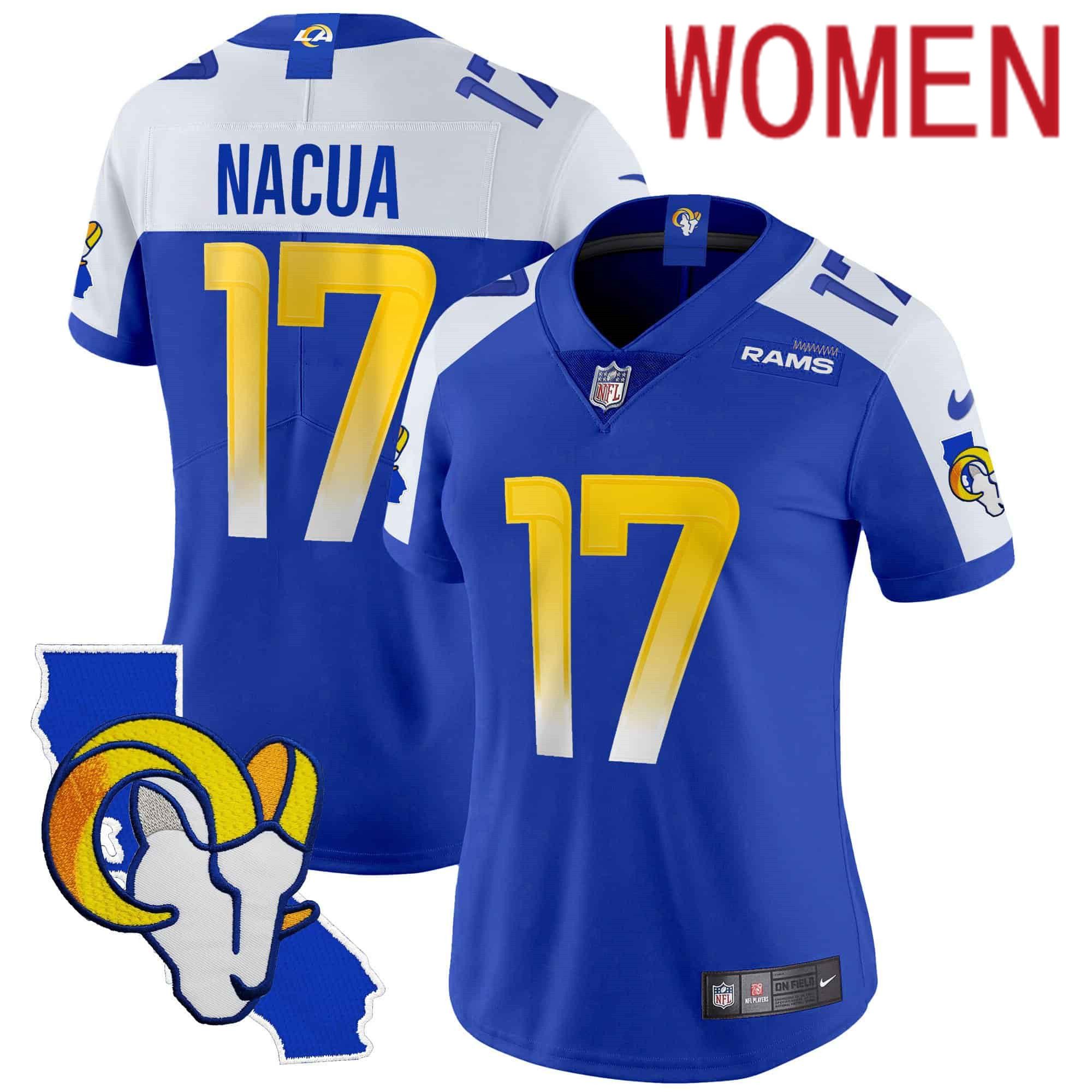 Women Los Angeles Rams 17 Nacua Blue 2024 Nike California Patch Vapor Limited NFL Jersey